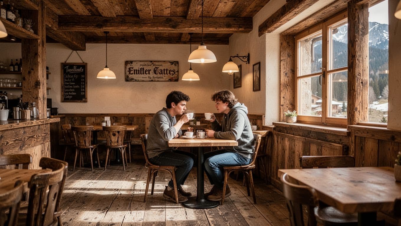 A rustic cafe with wooden tables, warm lights, and one person drinking coffee.