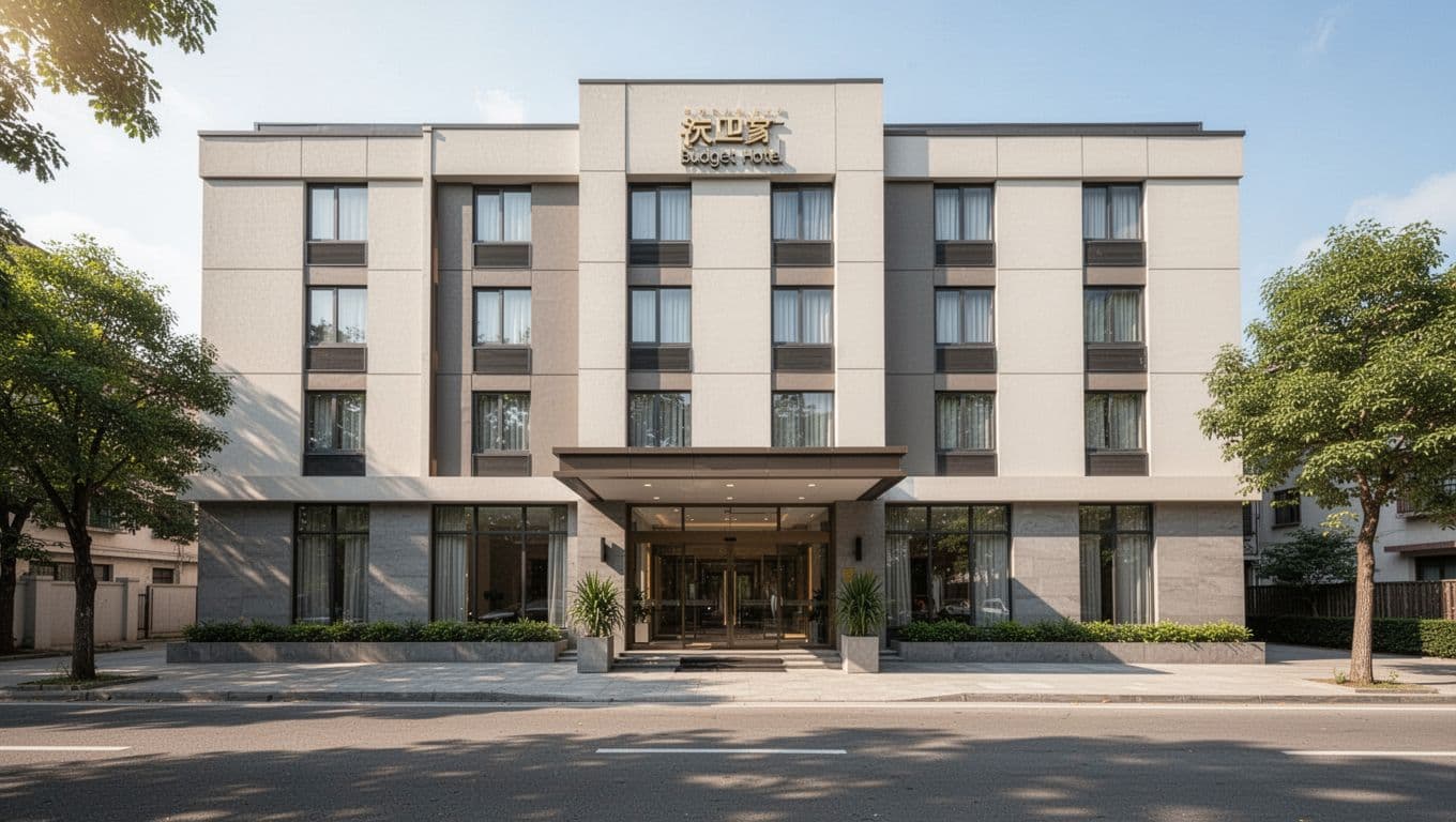 The exterior of a modern budget hotel with a welcoming entrance in bright daylight.