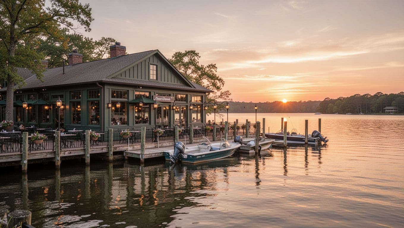 An upscale restaurant terrace overlooks calm water at dusk, featuring elegant outdoor seating arrangements. Several motorboats bob gently against wooden docks as soft golden light reflects across the tranquil lake surface.