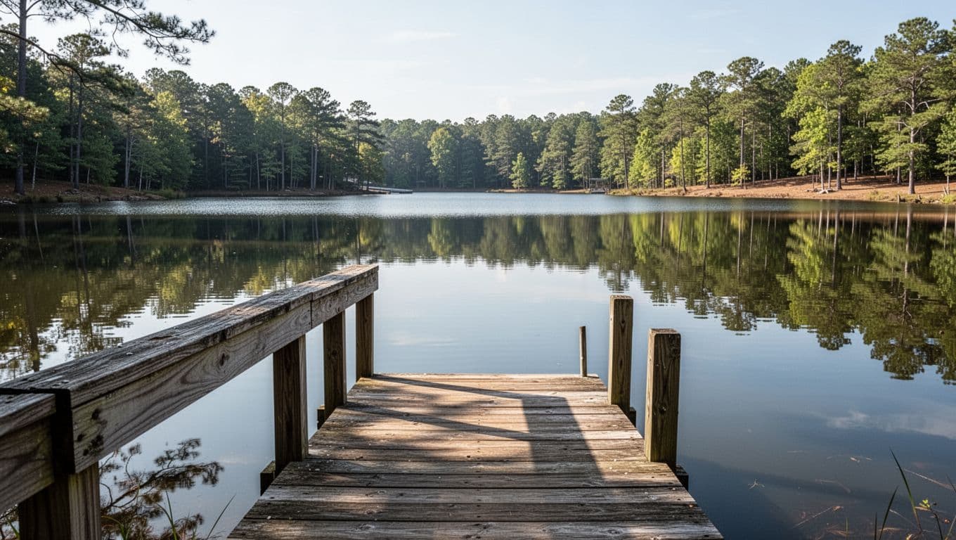 A wooden dock sits on the calm, reflective water of Lake Wedowee with trees along the far shore.