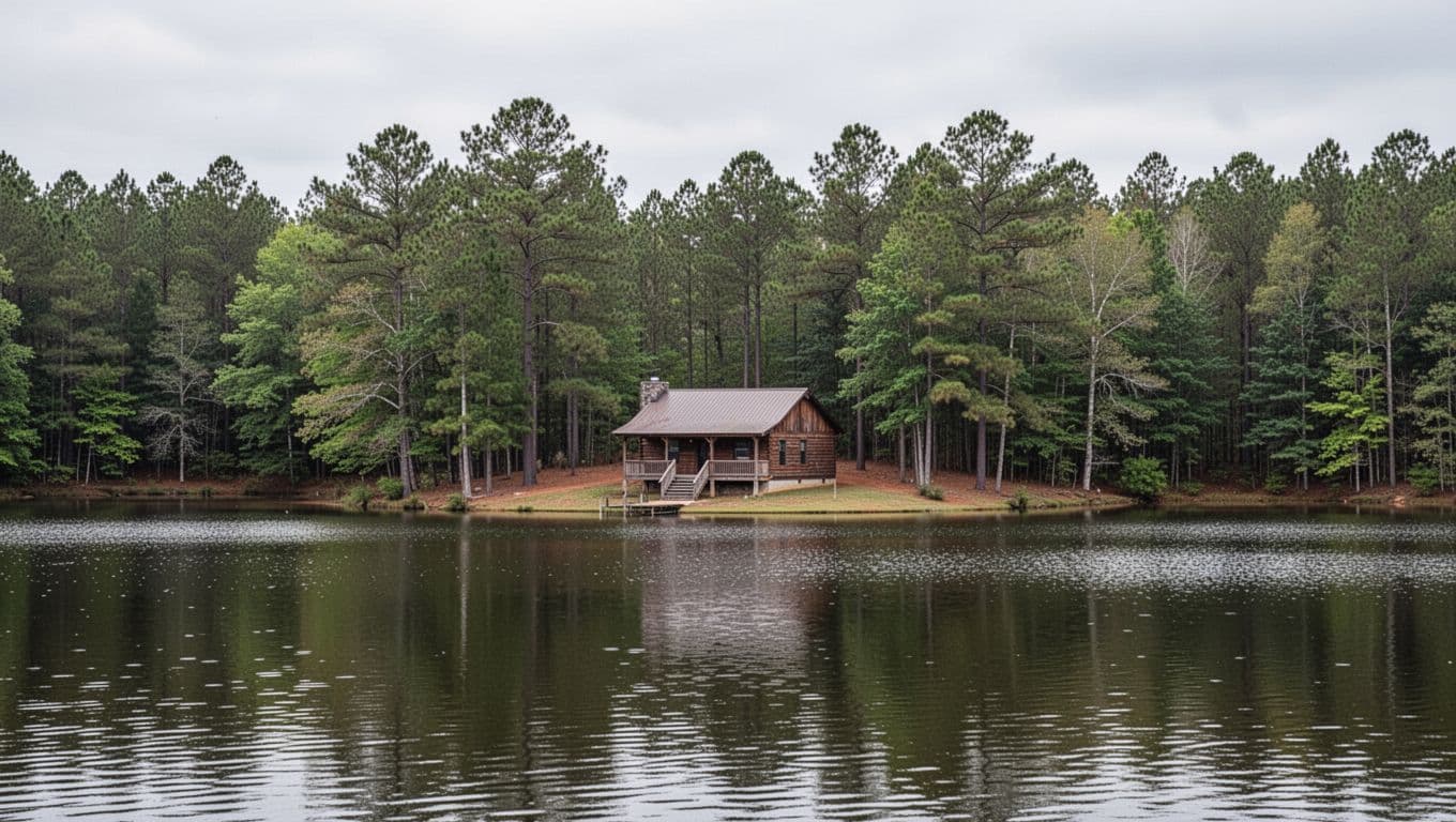 A tranquil lakeside cabin and wooded shoreline in Alabama beneath an overcast sky.