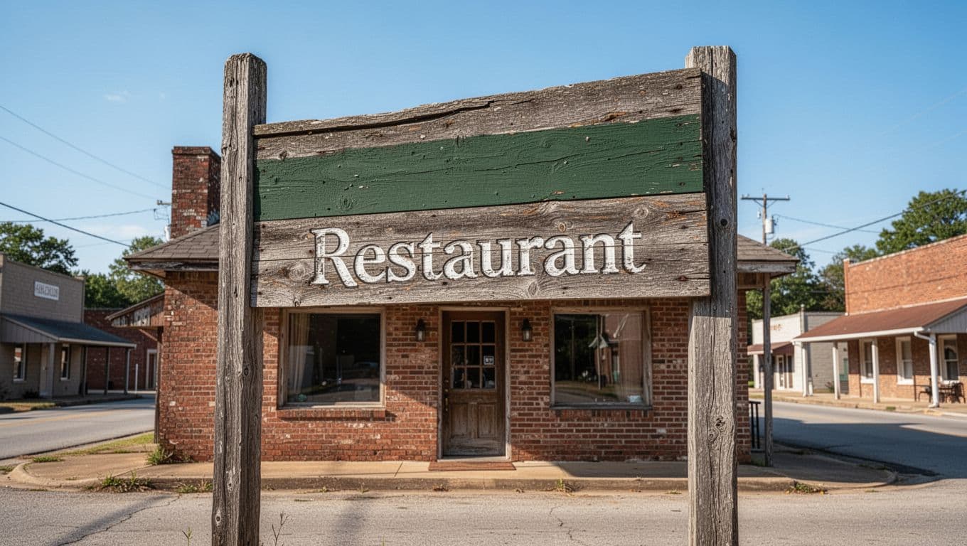 A rustic wooden restaurant sign with a green stripe reading Local Dining in front of a brick building.