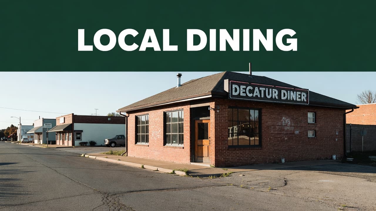 The exterior of a restaurant in Arkansas with a bold green banner that reads Local Dining.