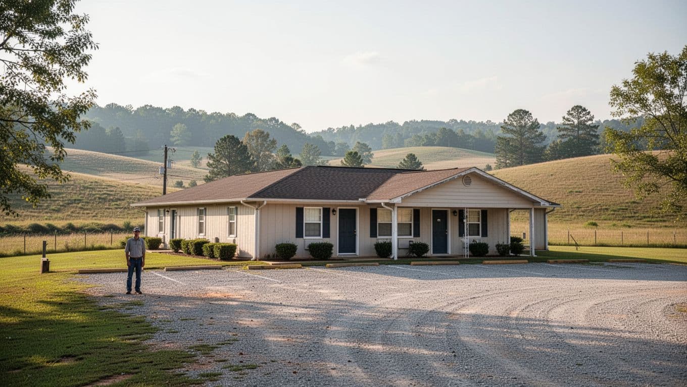 A rustic motel exterior in the countryside with rolling hills and a gravel parking lot.