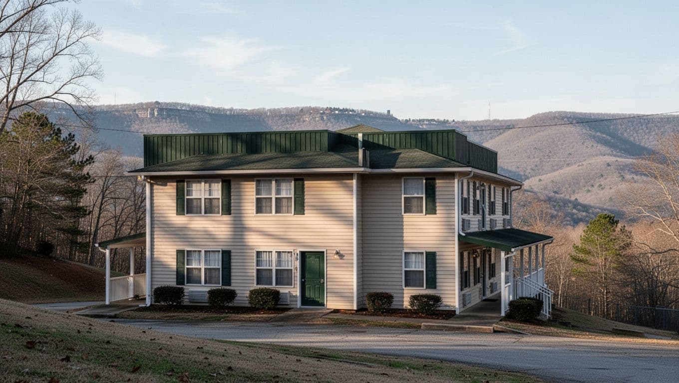 The exterior of a roadside budget motel near Lookout Mountain under a blue sky.