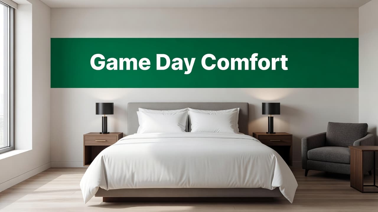 Crisp white linens cover the neatly tucked bed, flanked by polished wood nightstands under bright windows. A bold green accent band across the top wall frames the clean, tranquil suite.