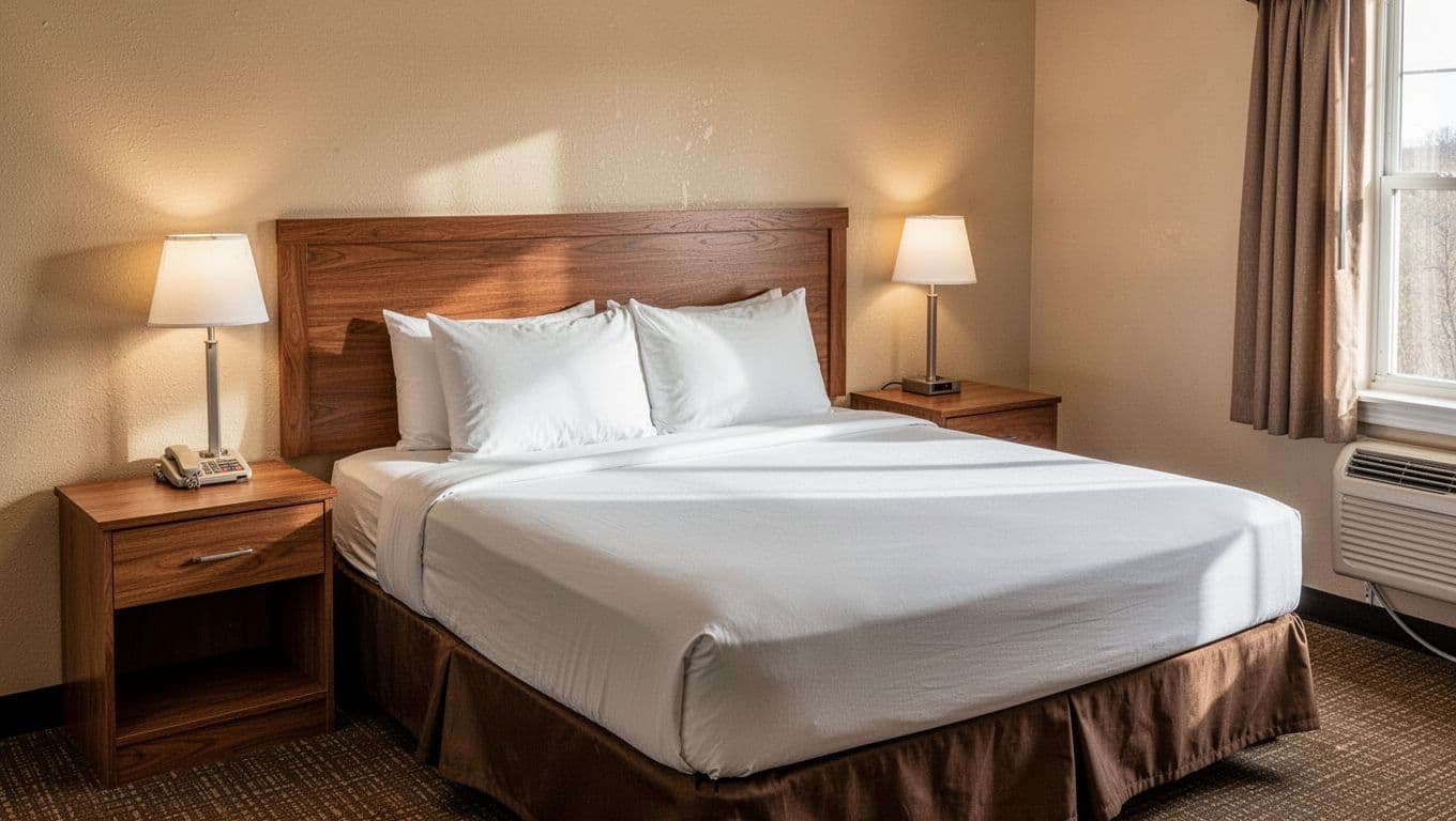 A tidy hotel room with a made double bed and wooden nightstands.