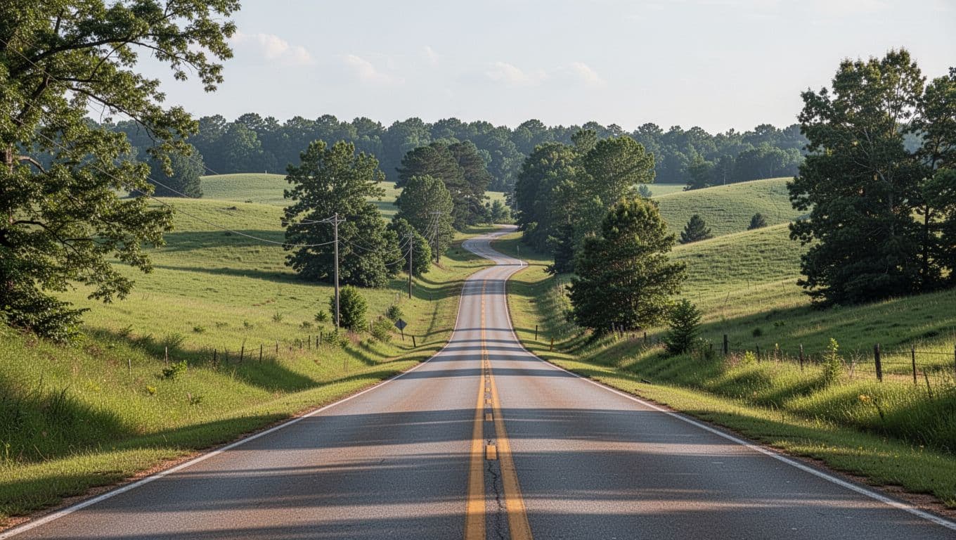 A quiet road winding through green hills in rural Alabama.