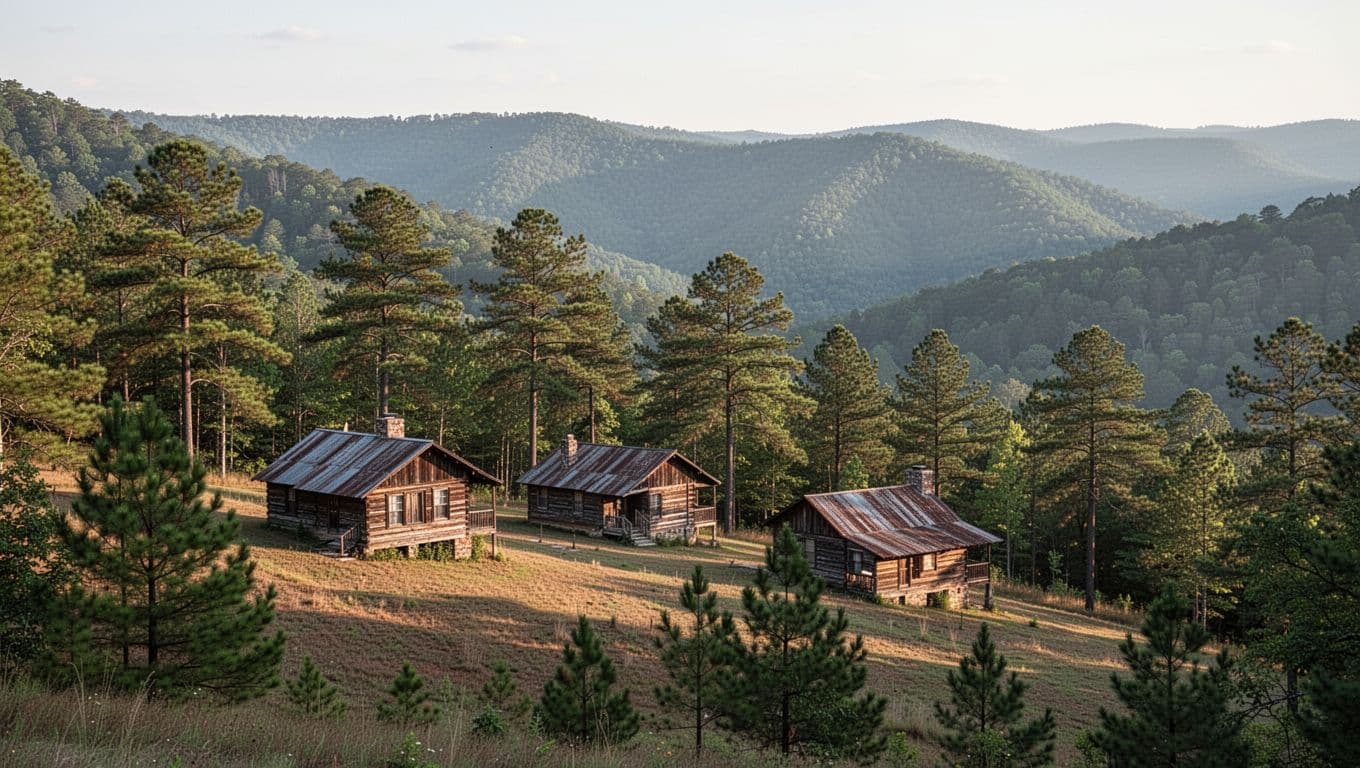 Rustic cabins nestled among trees in the scenic mountains of Mentone, Alabama.