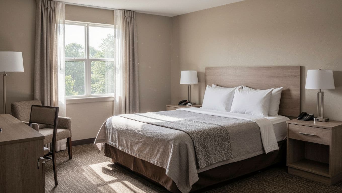 A clean, neutrally decorated hotel room featuring a neatly made bed and minimalist furniture in Alabama.