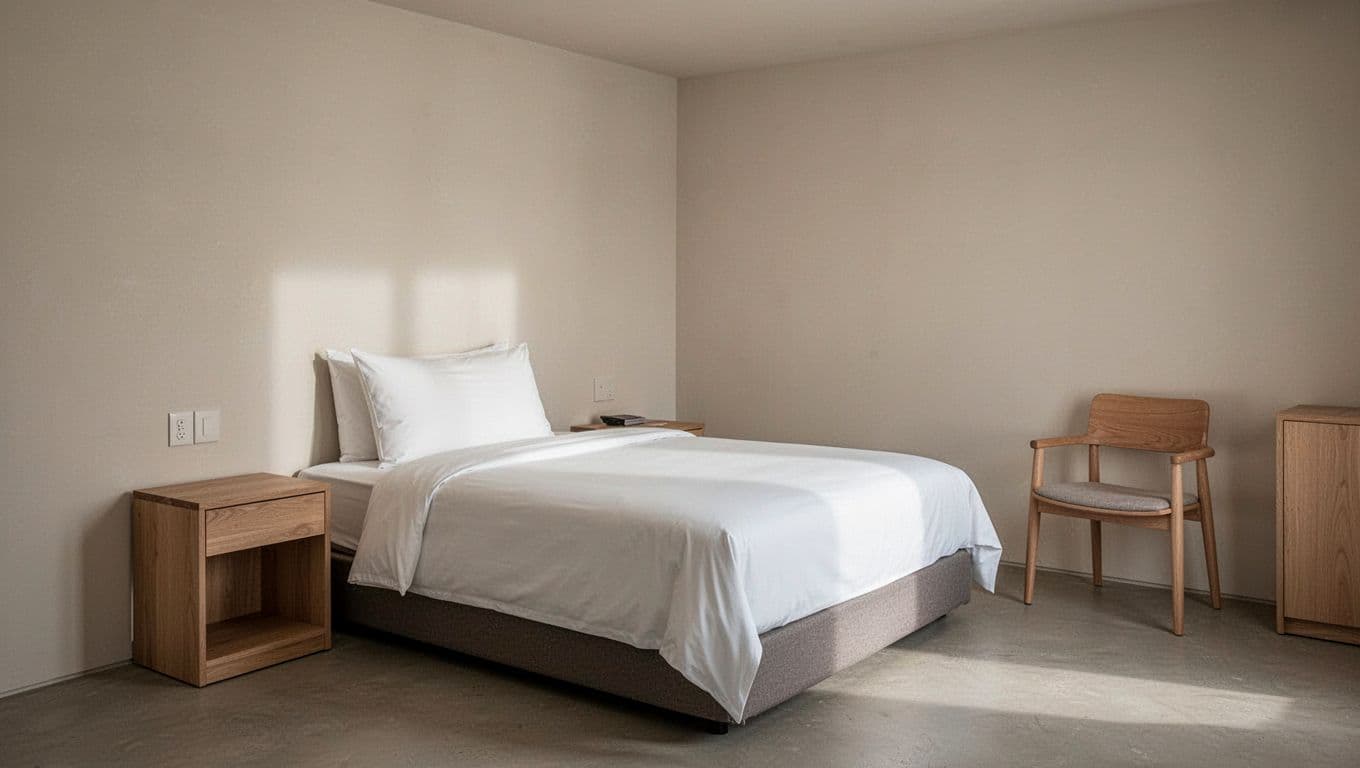 A neatly made single bed with crisp white linens sits inside a quiet room. Simple wooden furniture lines the wall, while soft neutral light creates a calm and inviting atmosphere.