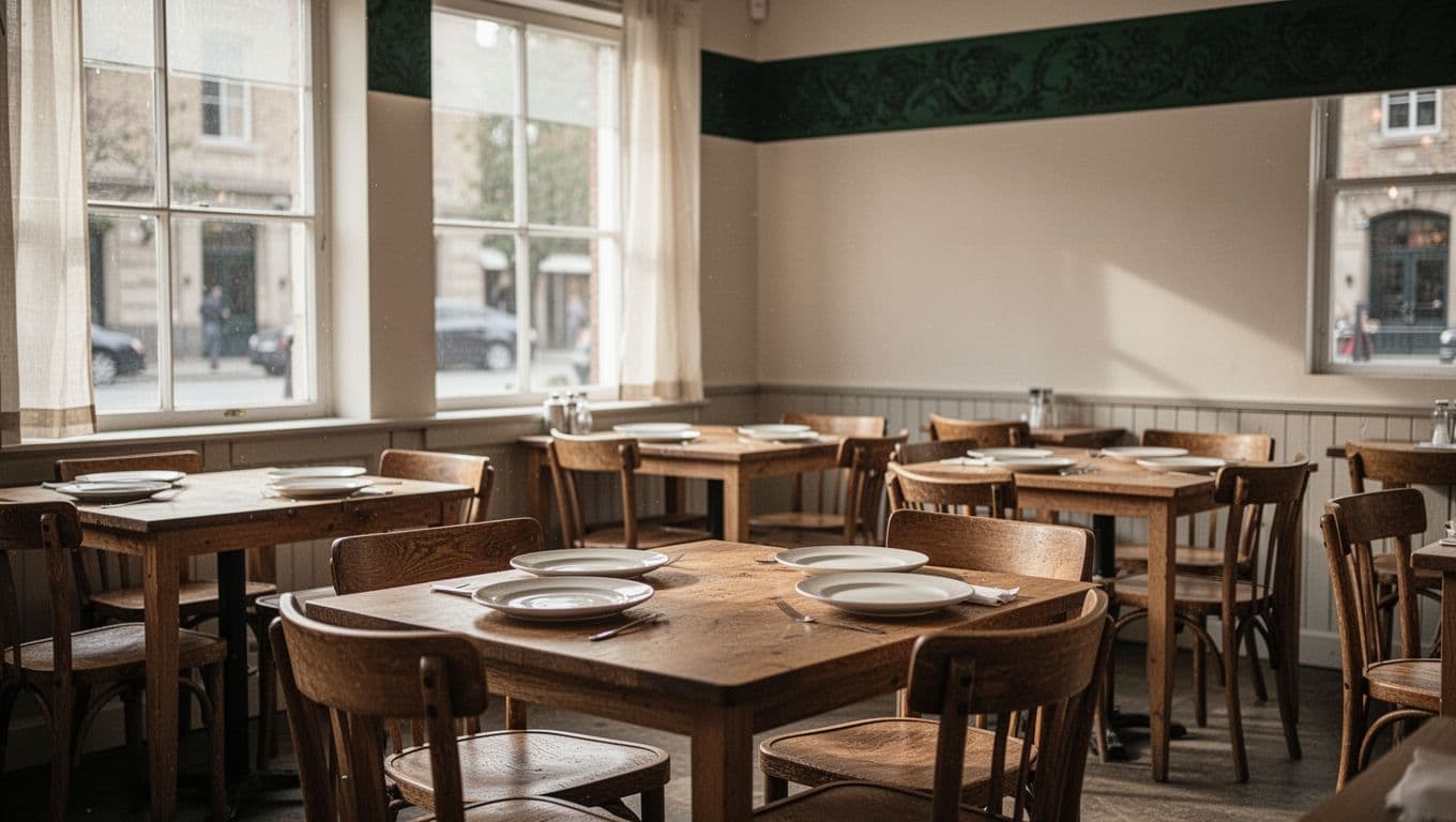 Empty wooden cafe tables set in a sunlit room featuring a green header label.