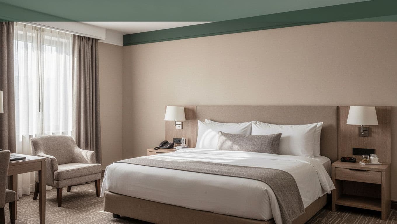 A neatly made hotel bed features crisp white linens against a soft beige wall. A muted dark green accent band highlights the top area above the plush pillows and bedside lamps.