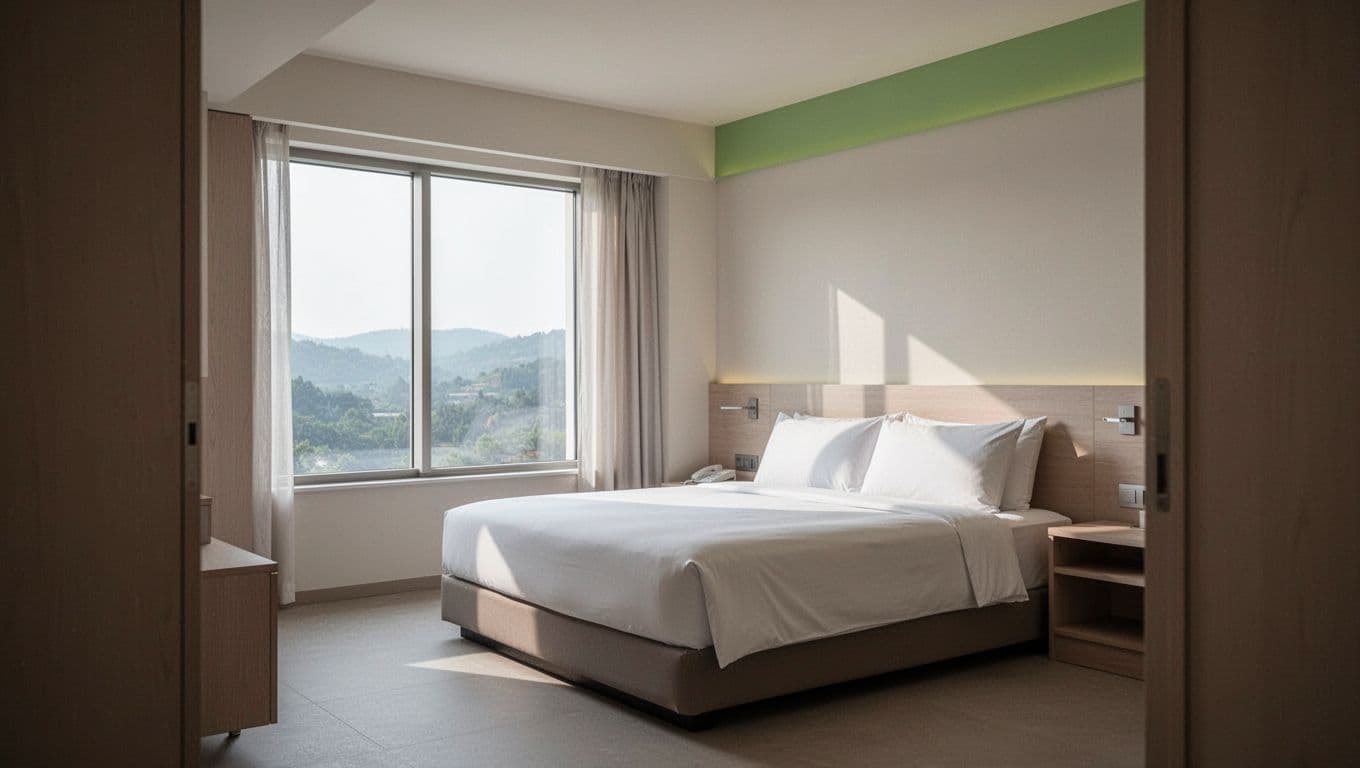 A minimalist hotel room with a neatly made bed and large window.
