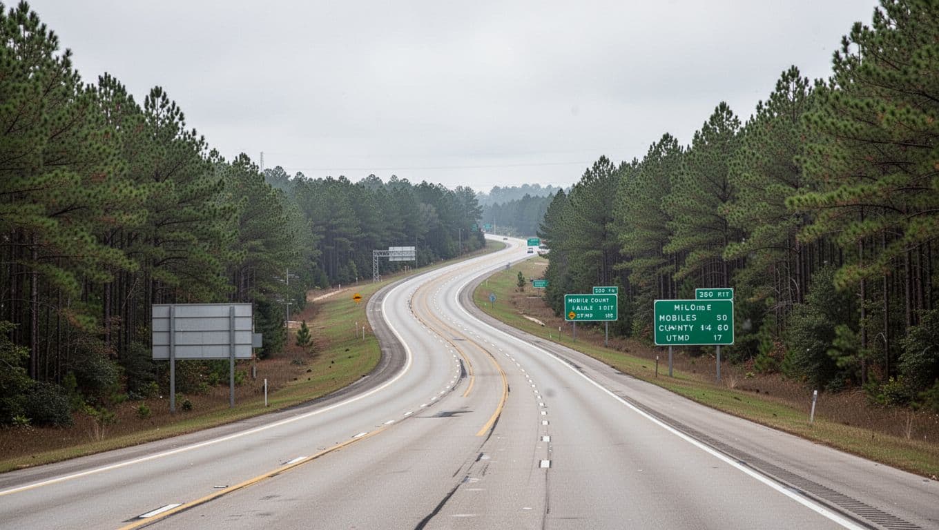 A highway curves through pine woods beneath a green Hotel Corridors banner.