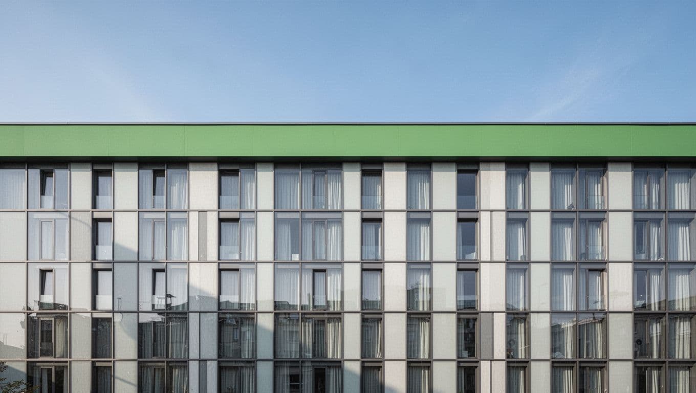 A modern hotel building exterior with a bright green sign and neat rows of windows.