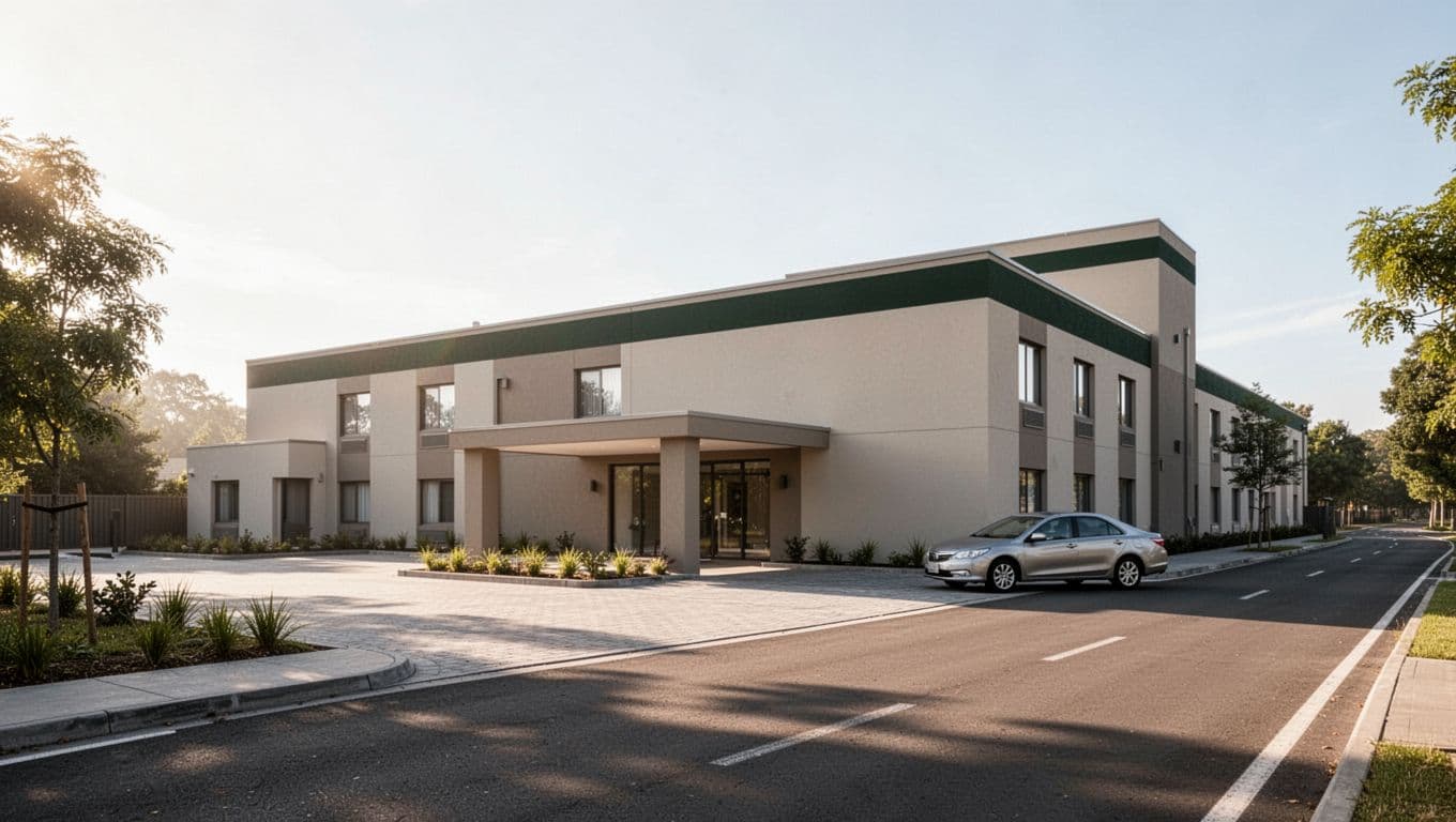 A modern roadside hotel exterior with a green sign under clear morning sunlight.
