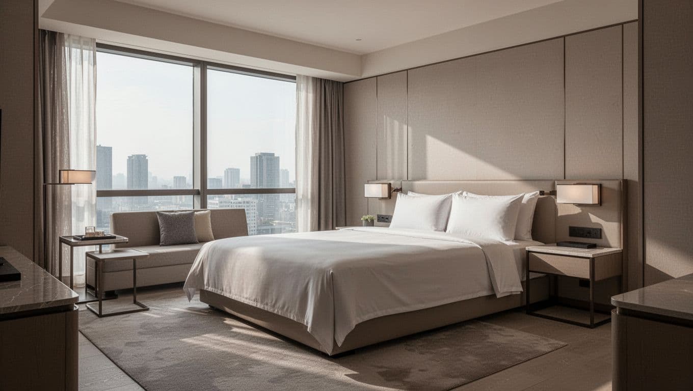 A spacious guest room features a queen bed neatly made with crisp white linens. Soft daylight enters through large windows, highlighting the neutral walls and tidy, modern furniture in the space.