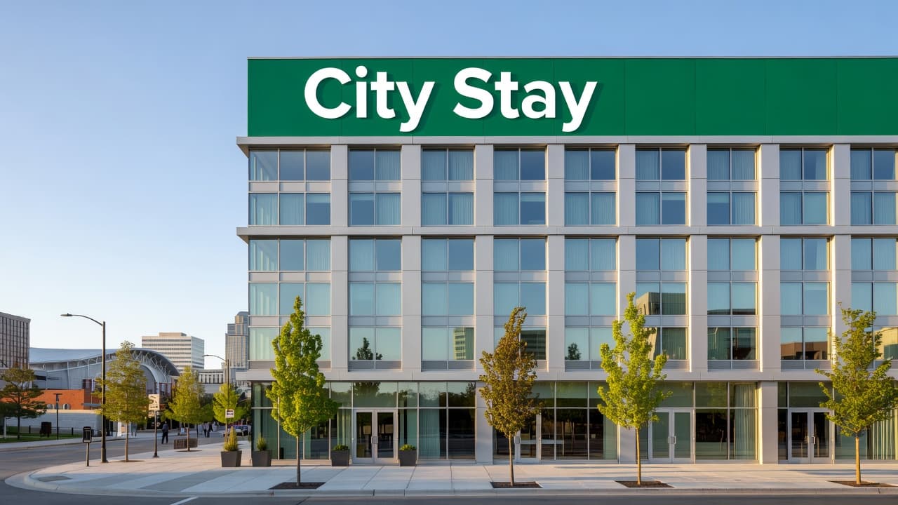 The sleek hotel facade features a vibrant green band displaying the City Stay sign. Pedestrians walk along the downtown sidewalk beneath the building as the afternoon sun illuminates the urban architecture.