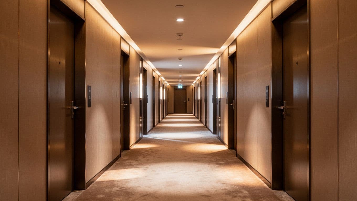 Warm hotel hallway with closed doors and a green Room Rates headline.