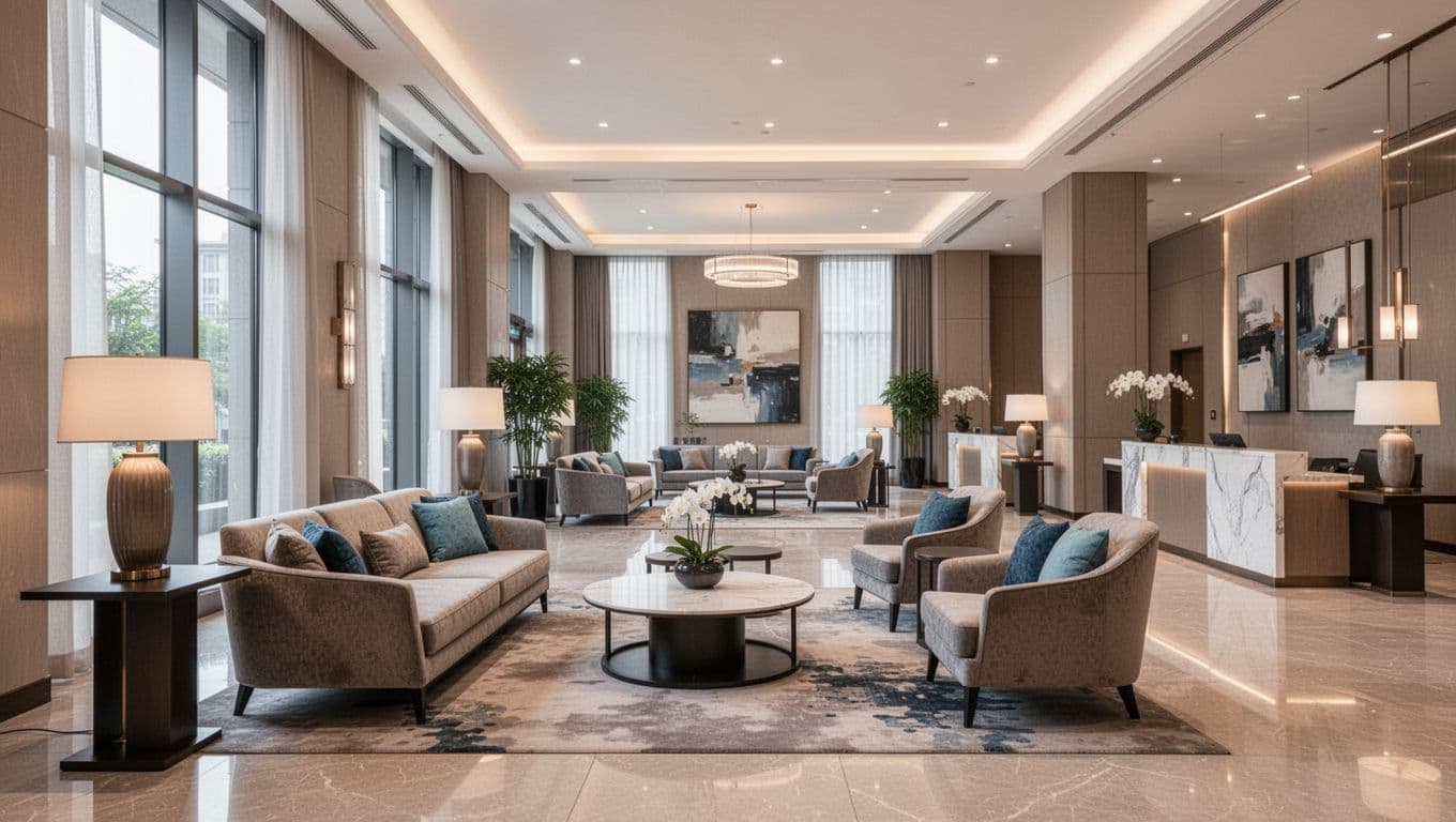 Plush armchairs are arranged in a spacious contemporary lobby featuring marble floors and soft recessed lighting. A vibrant green accent band runs along the ceiling, creating a sophisticated and welcoming atmosphere.