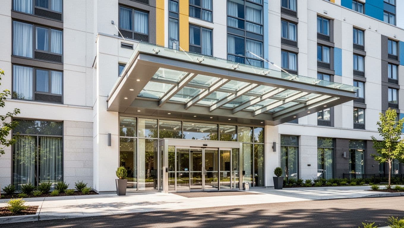 A contemporary hotel facade features a bright, welcoming entrance under clear blue skies. A prominent dark green horizontal banner at the top clearly displays the white text Nearby Stays.