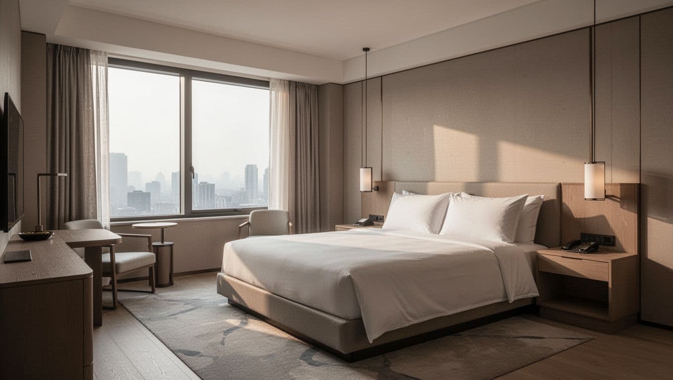 A sunlit modern hotel room with clean minimalist furniture and a neatly made bed.