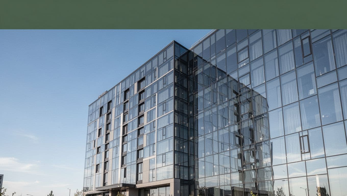 A sleek, multi-story hotel with glass windows stands against a clear blue sky. A dark green header bar displays white text, showcasing a professional lodging exterior in a minimalist aesthetic.