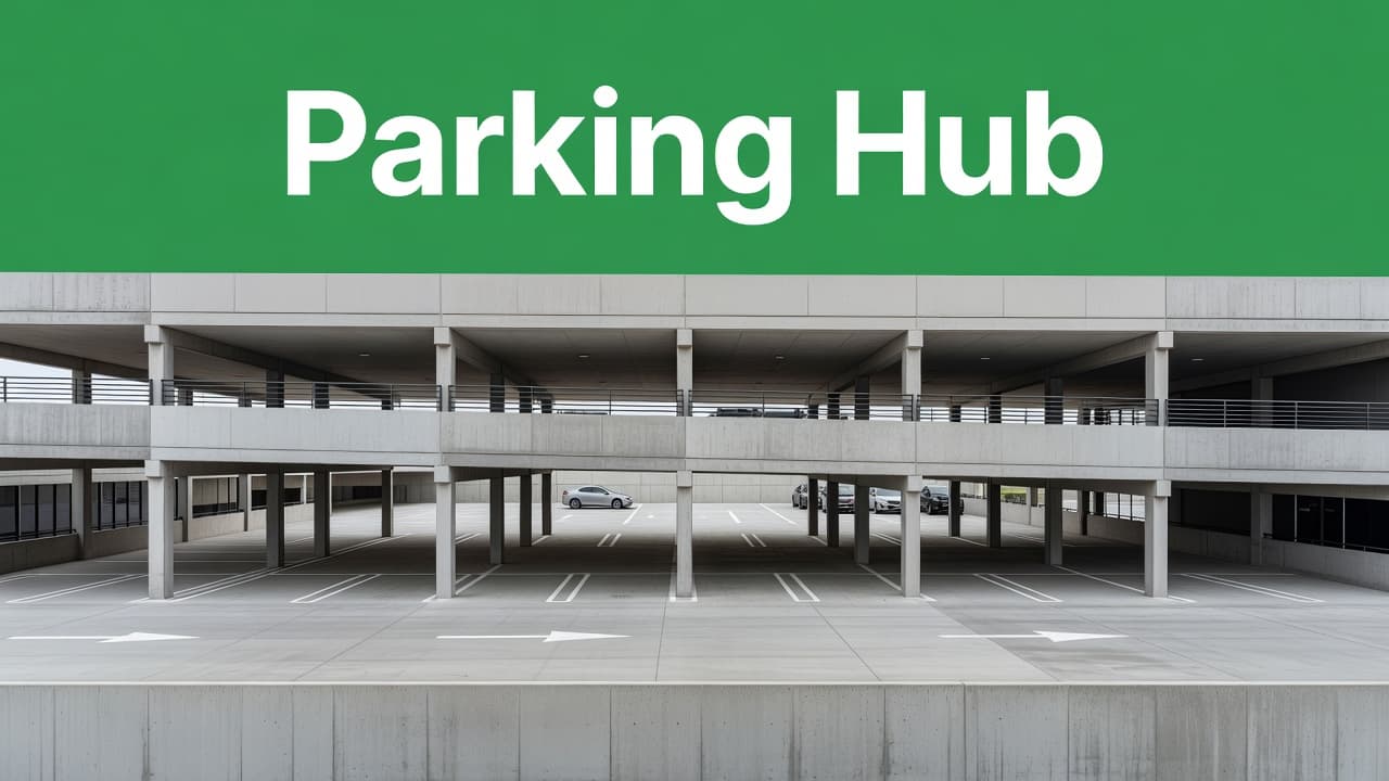 A wide-angle perspective of a multi-level concrete garage featuring a prominent green horizontal accent band. The words Parking Hub are clearly visible at the top of the clean architectural facade.