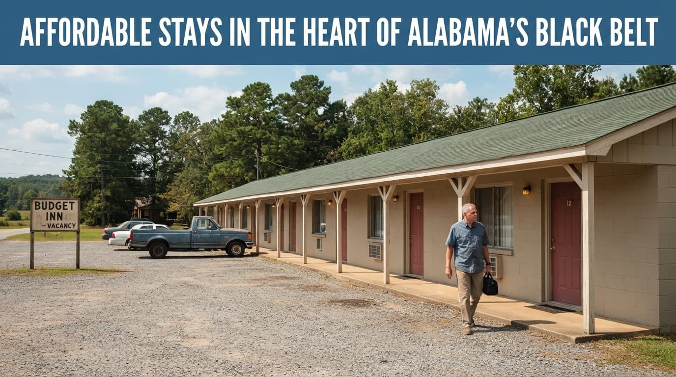 A modest single-story motel building in a quiet rural town with one person walking outside.