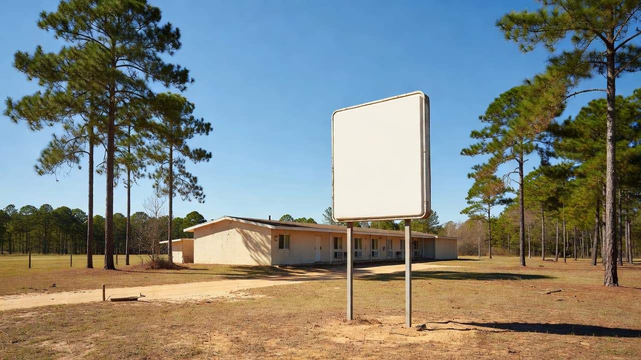 An old motel sign by a highway surrounded by pine trees under a clear sky.