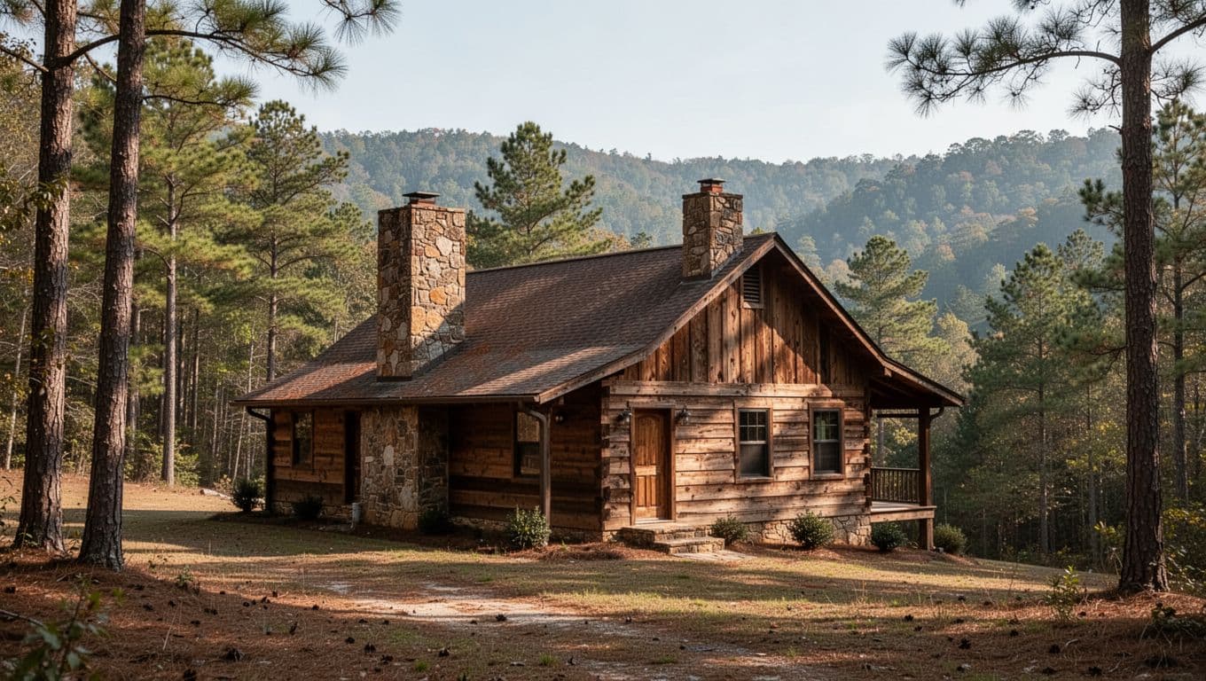 A rustic timber cabin surrounded by a lush green forest.