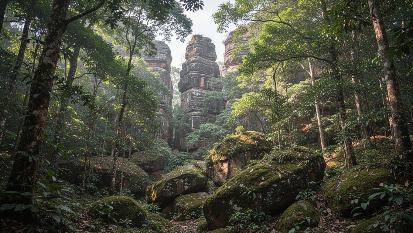 Green forest and sandstone formations at Natural Bridge Park in Alabama.