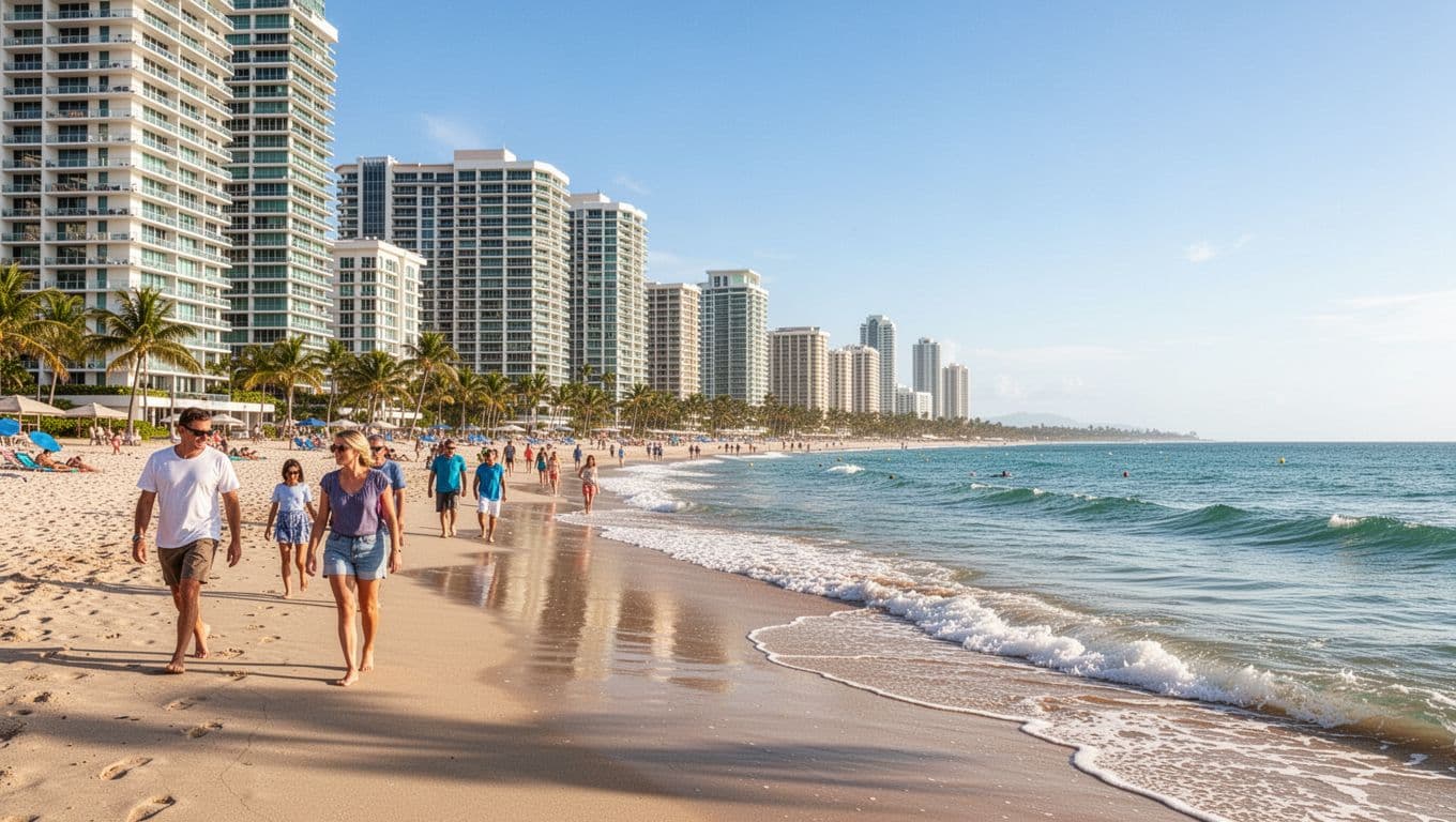 Sunny beach with people relaxing, golden sand, turquoise waves, and resort hotels.