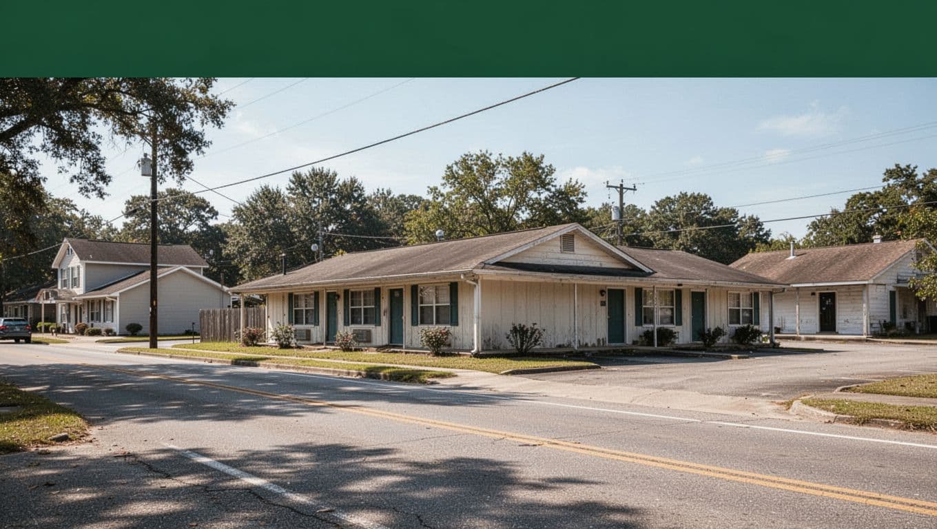 A budget roadside motel exterior under bright daylight in a southern town.