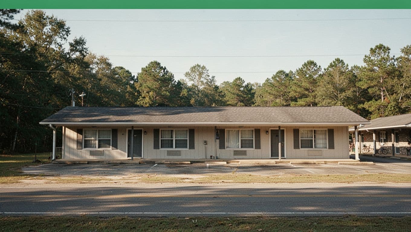 A simple roadside motel building in rural Alabama with a green stripe at the top.