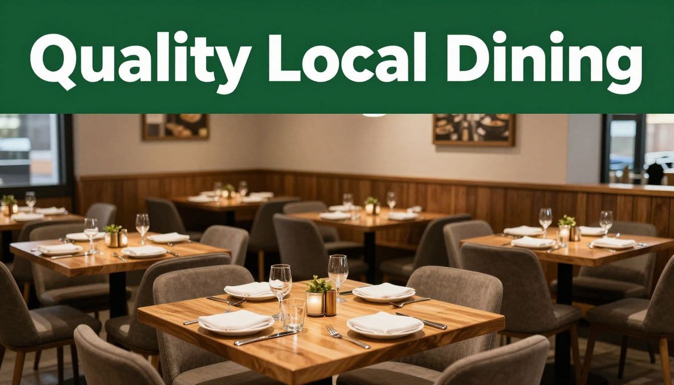 A well-set wooden table features a gourmet meal in a clean, modern dining room. The room is enhanced by warm lighting and a prominent green banner displaying bold white text overhead.