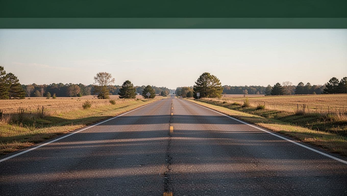 An empty asphalt road stretches through the rolling green hills of rural Alabama under a clear afternoon sky. Soft shadows drape across the pavement, leading toward a distant horizon line.