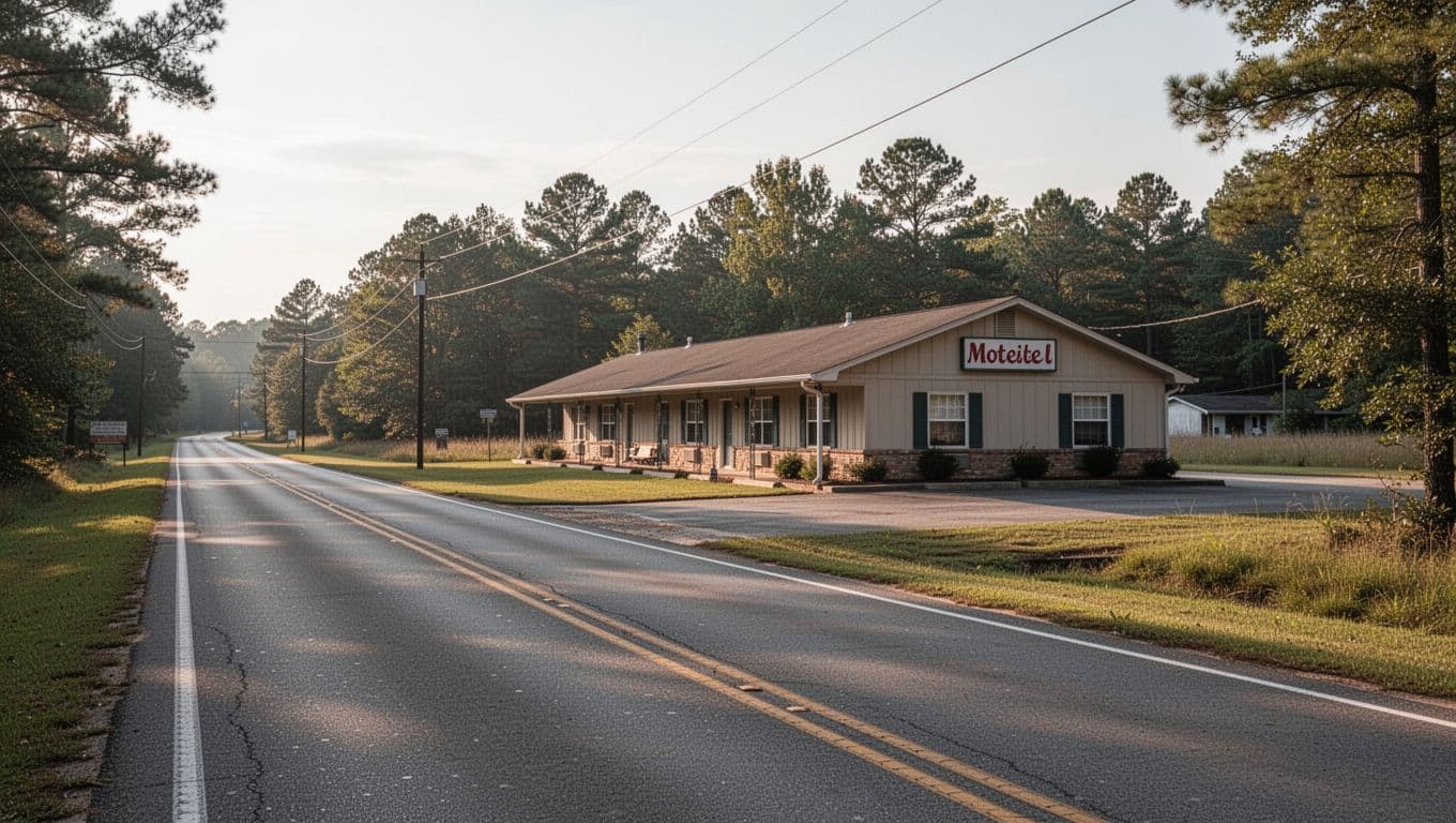 A small roadside motel sits quietly next to a country road under soft daylight.