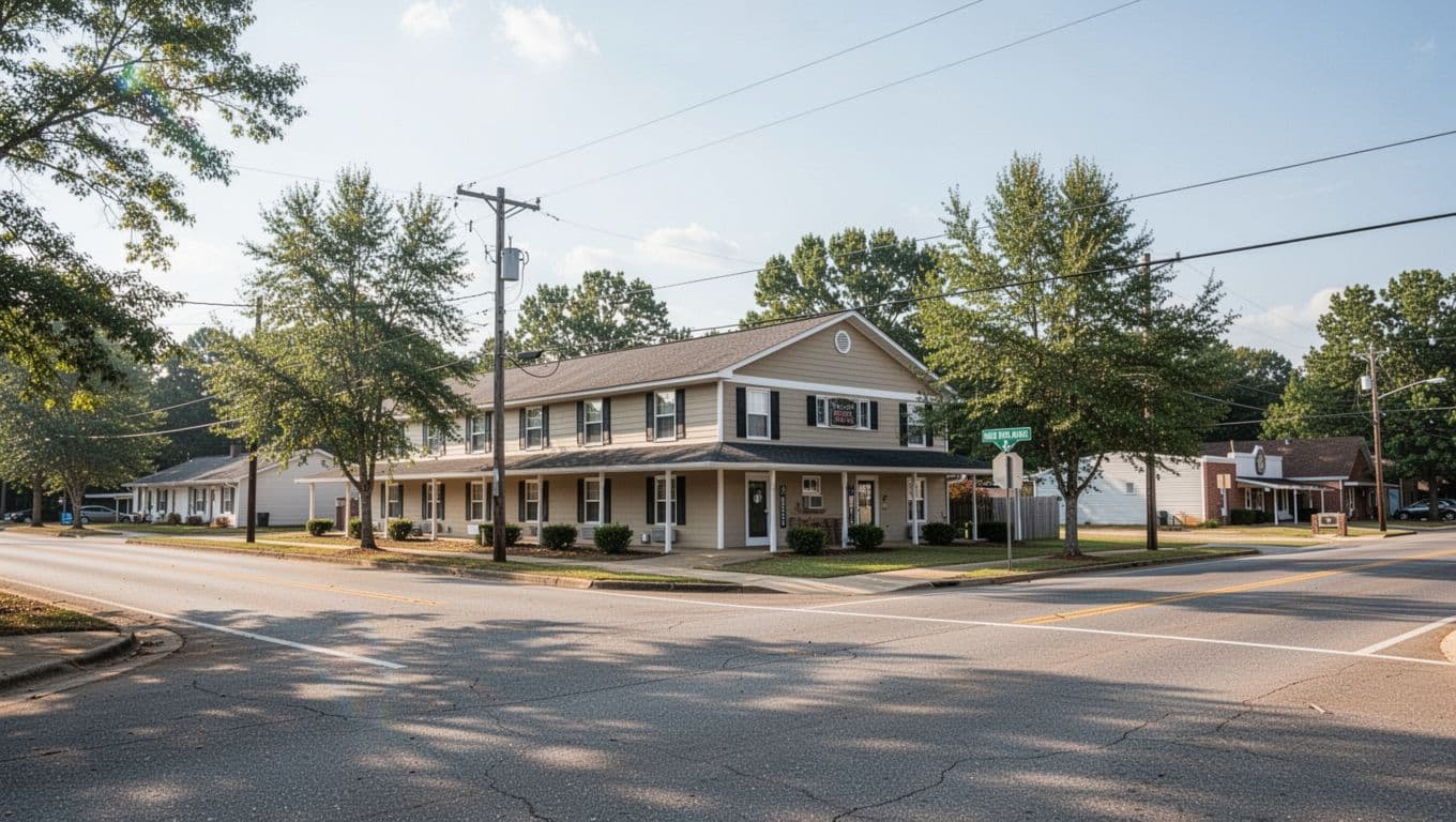 A low-slung, single-story hotel building sits under a clear blue sky in rural Alabama. Lush greenery surrounds the paved parking area, which remains mostly empty in the bright afternoon sunlight.