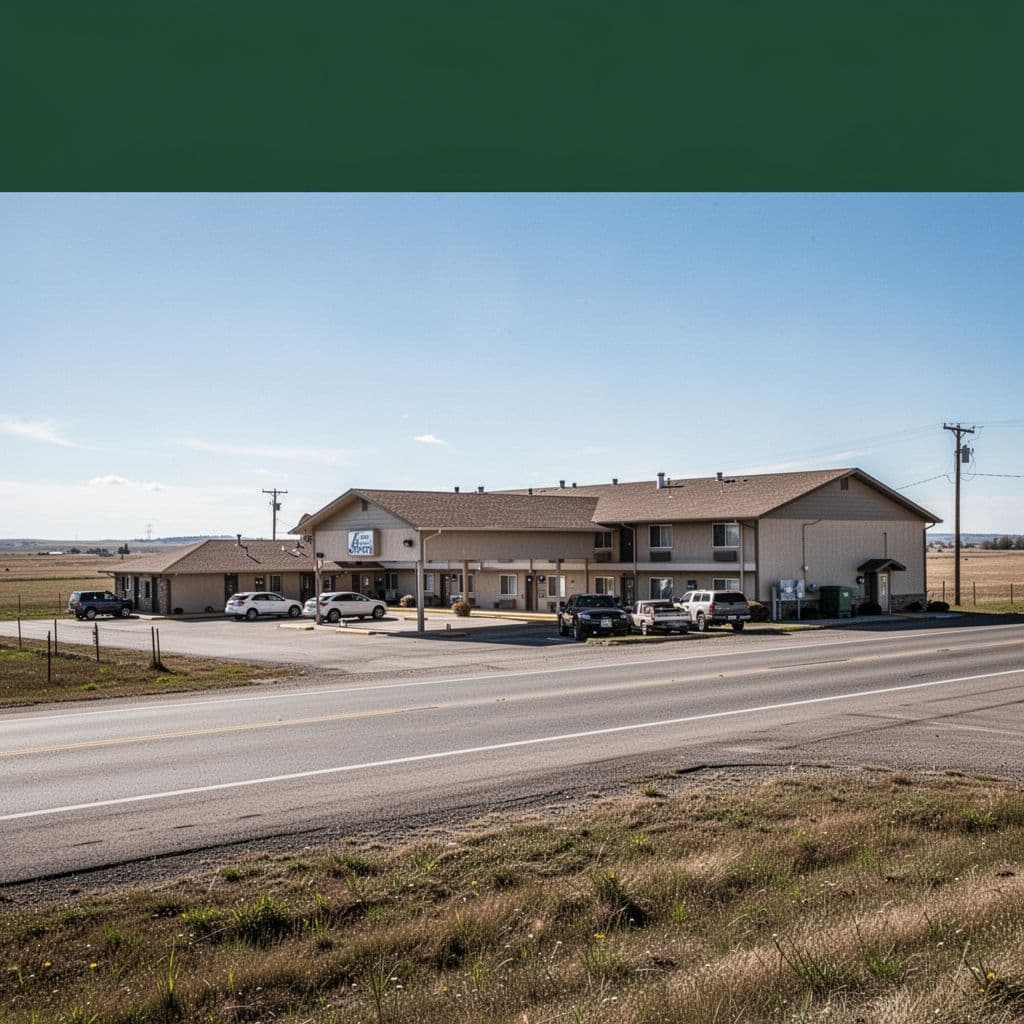 A simple one-story motel building parked with cars along a quiet rural road.