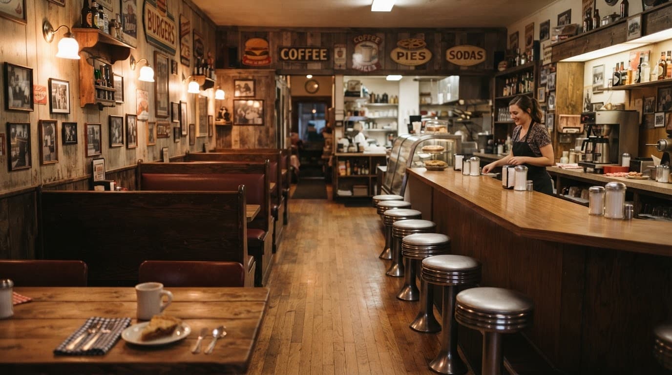 Warm retro diner with wooden tables, vintage signs, and a distant server.