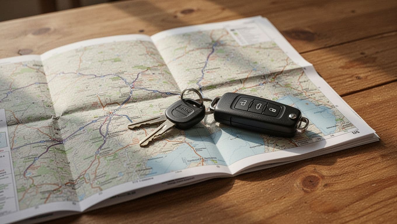 A road map and car keys on a wooden table.