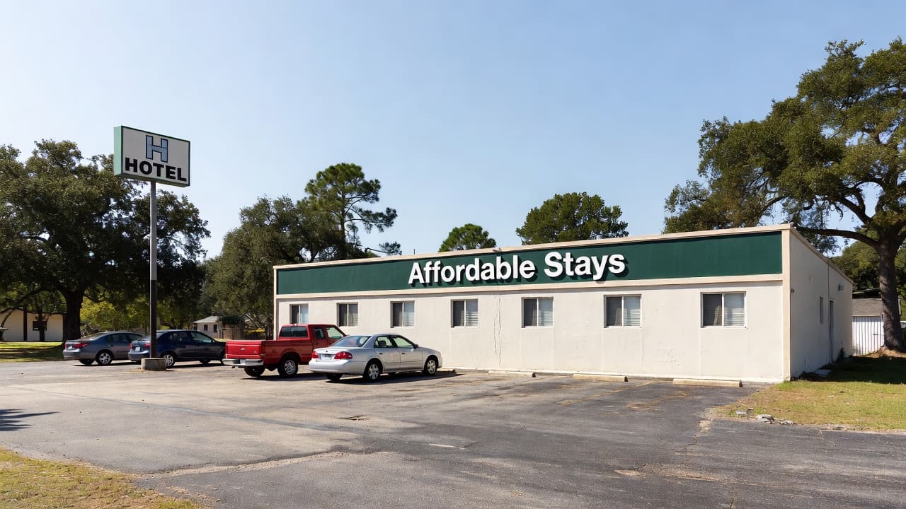 A low-rise roadside hotel with an Affordable Stays sign located in the rural American South.