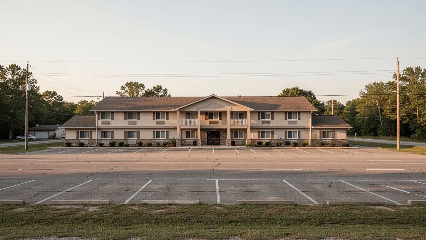 A quiet roadside hotel building with an empty parking lot in the afternoon light.