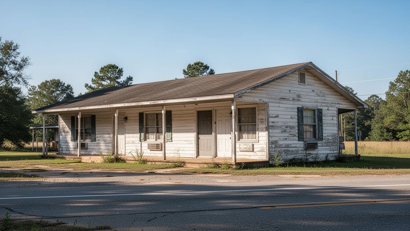A roadside motel in rural Alabama under a clear blue sky with a green banner at the top.
