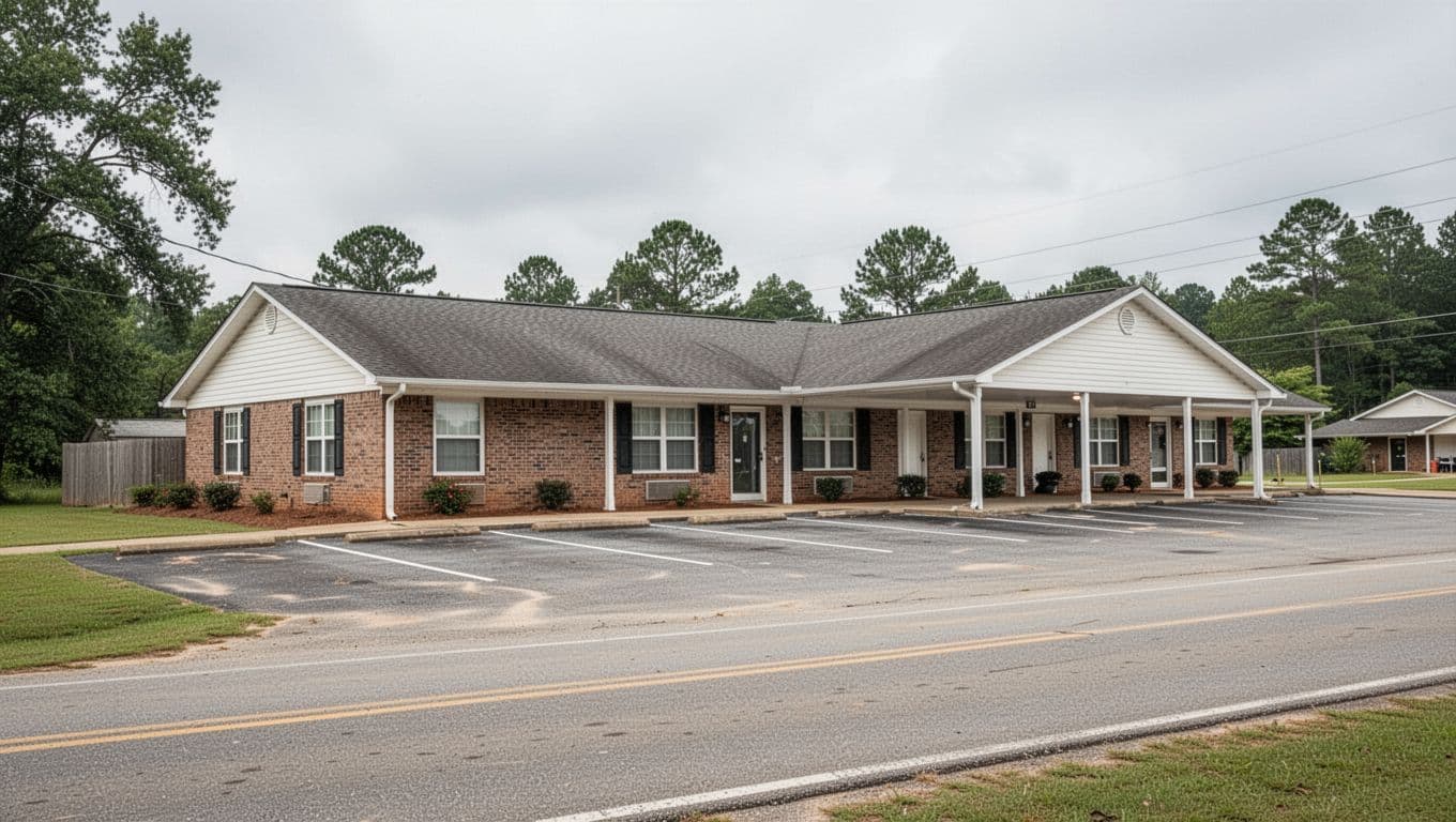 A clean brick motel exterior and empty parking lot under overcast daylight in rural Alabama.