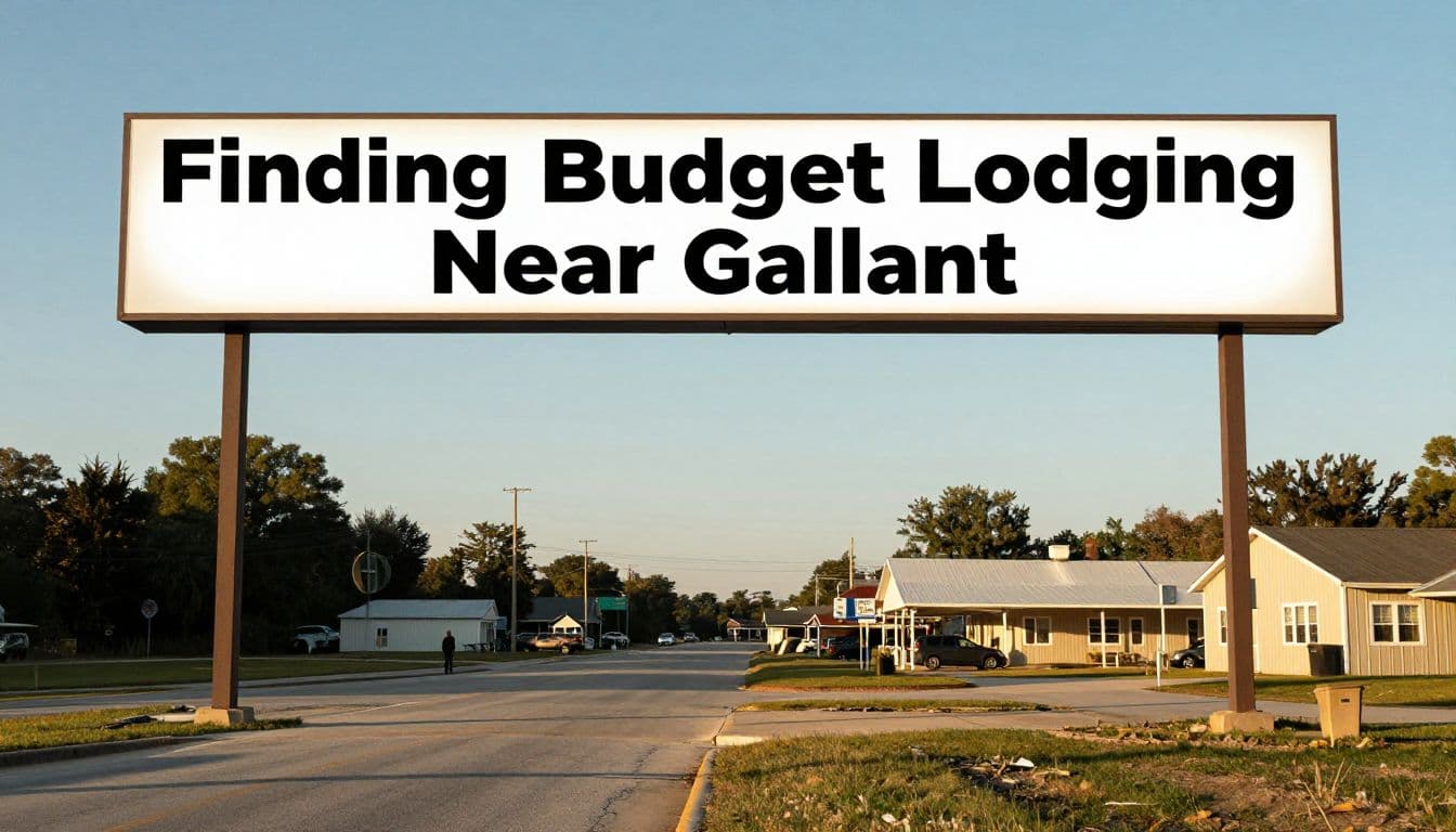 An empty roadside motel sign glows under the warm evening sun in a small town.