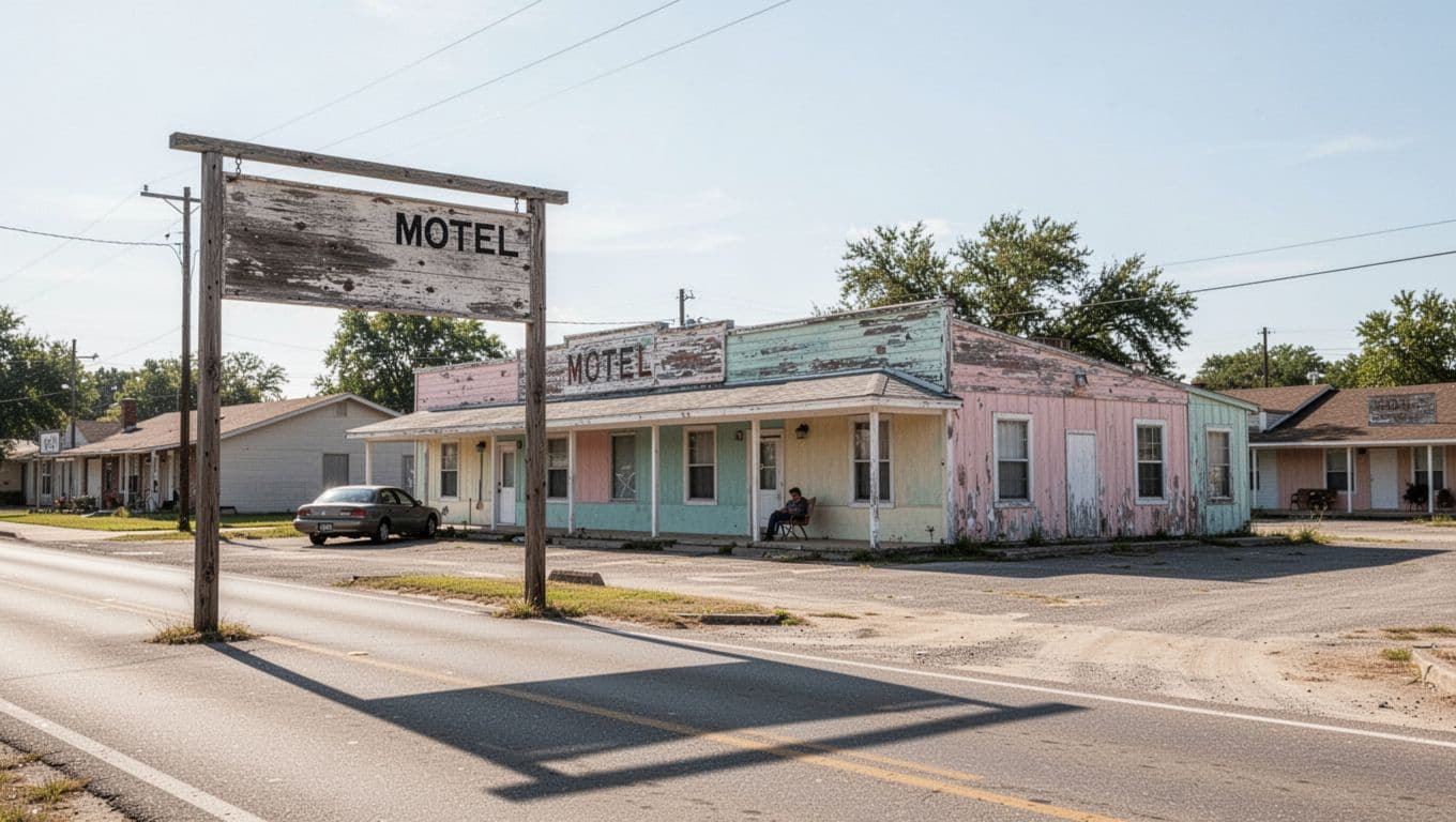 A modest single-story motel building and tall roadside sign under a daytime sky.