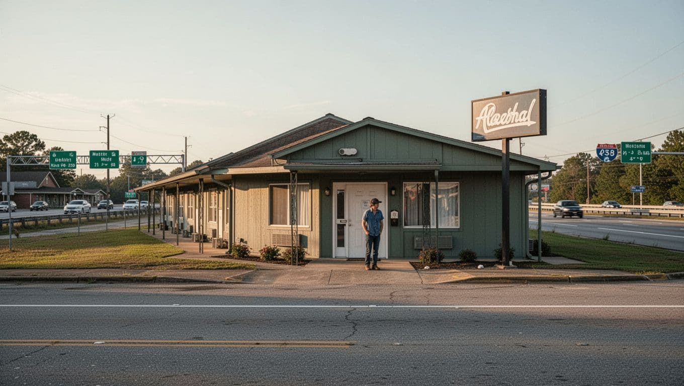 A lone traveler stands outside a modest roadside motel near an interstate exit.